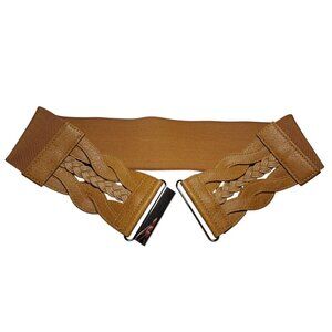 Womens Gold Elastic Waist Belt With Braided Faux Leather Accent & Metal Clasp